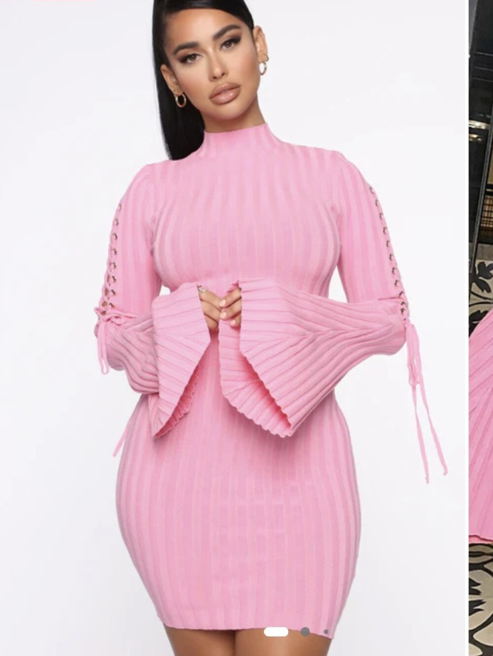 Pink Ribbed Bell-Sleeve Bodycon Dress
